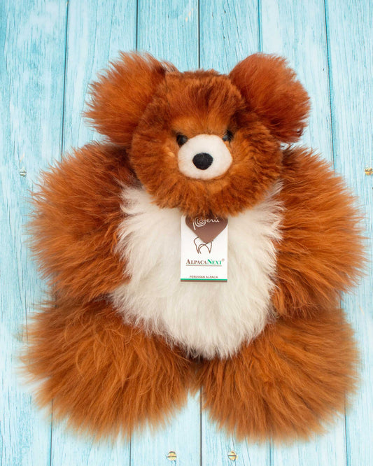Teddy Bear Handmade on Baby Alpaca Fur. Soft Alpaca Plush. Fluffy and Cuddly. (12 inches, Brown and White)