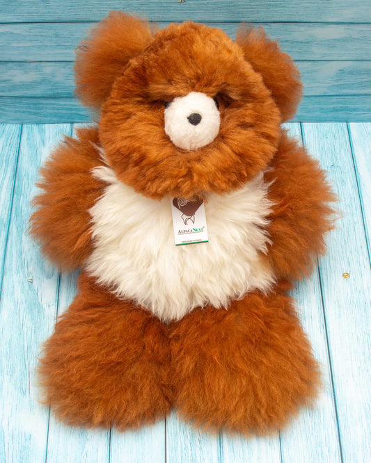 Teddy Bear Handmade on Baby Alpaca Fur. Soft Alpaca Plush. Fluffy and Cuddly. (18 inches, Brown and White)