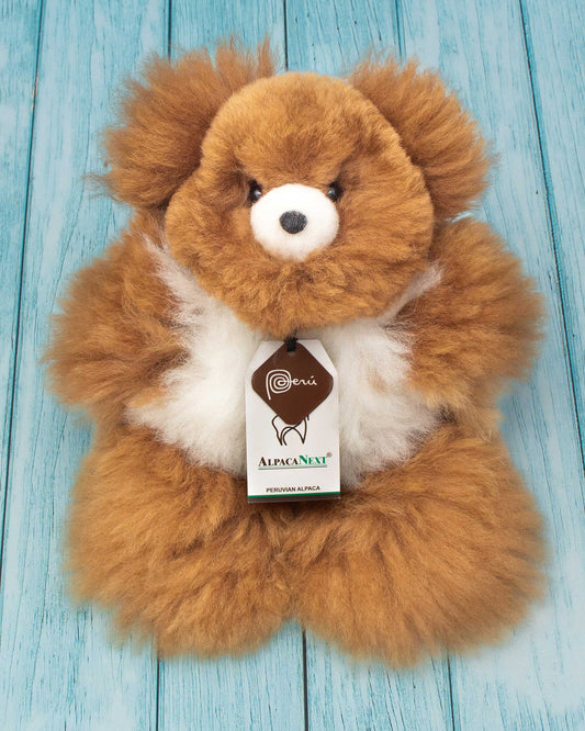 Teddy Bear Handmade on Baby Alpaca Fur. Soft Alpaca Plush. Fluffy and Cuddly. (9 inches, Brown and White)