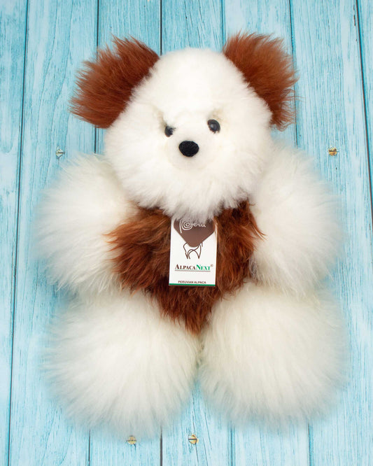 Teddy Bear Handmade on Baby Alpaca Fur. Soft Alpaca Plush. Fluffy and Cuddly. (12 inches, White and Brown)