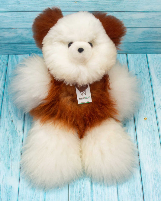 Teddy Bear Handmade on Baby Alpaca Fur. Soft Alpaca Plush. Fluffy and Cuddly. (18 inches, White and Brown)