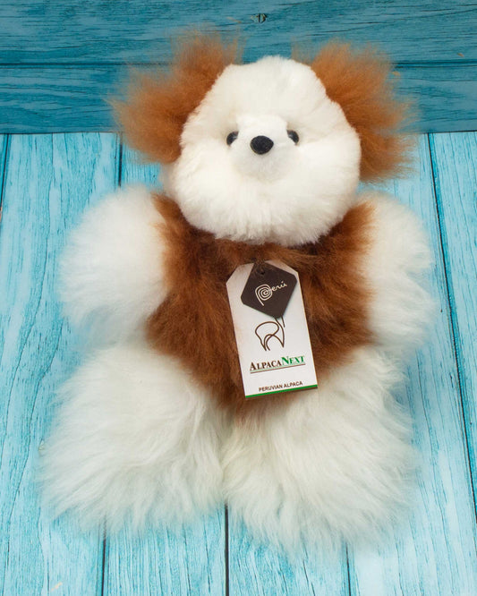 Teddy Bear Handmade on Baby Alpaca Fur. Soft Alpaca Plush. Fluffy and Cuddly. (9 inches, White and Brown)