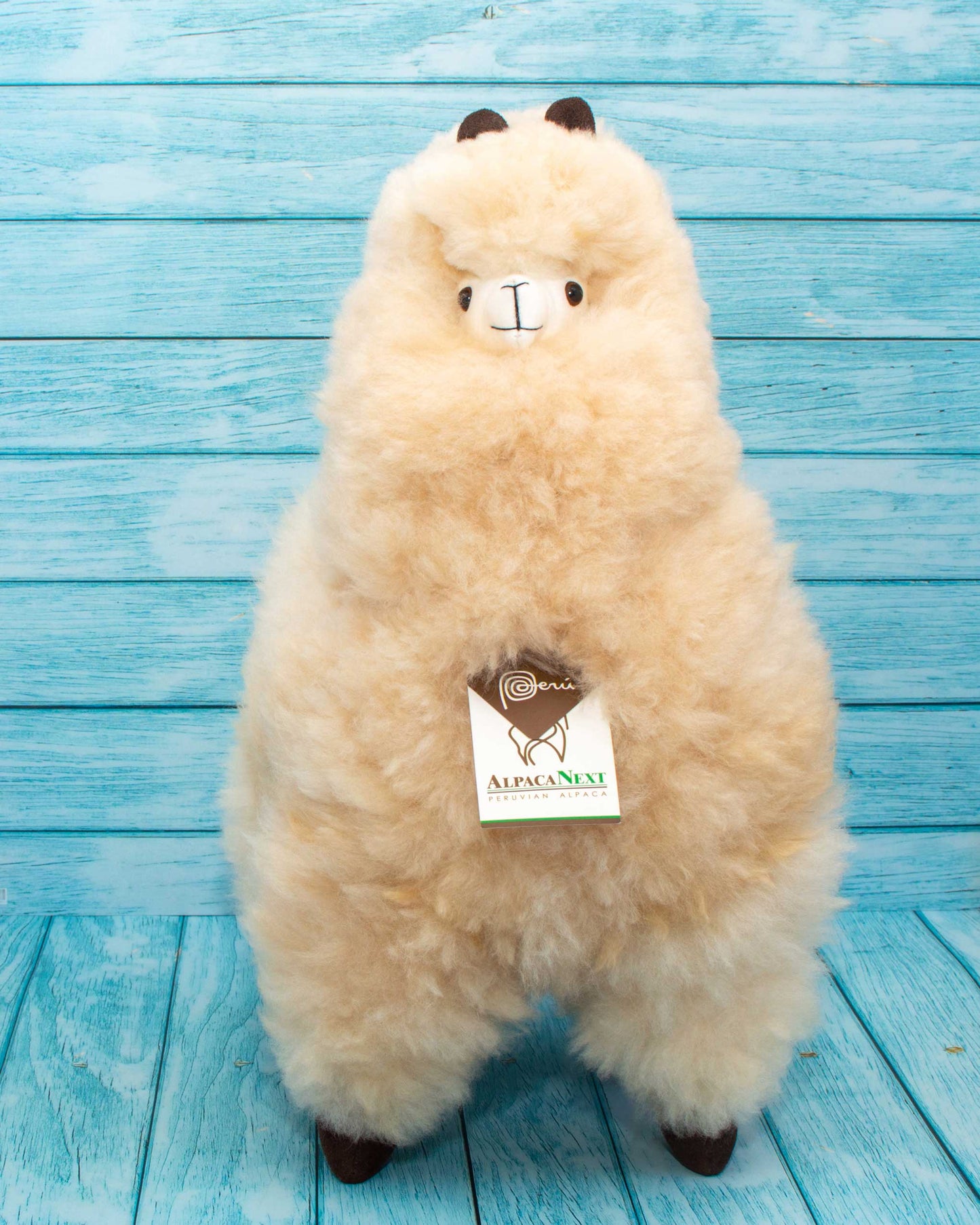 Soft alpaca fur stuffed animal. Beige, 18 inches. Front view. Handmade