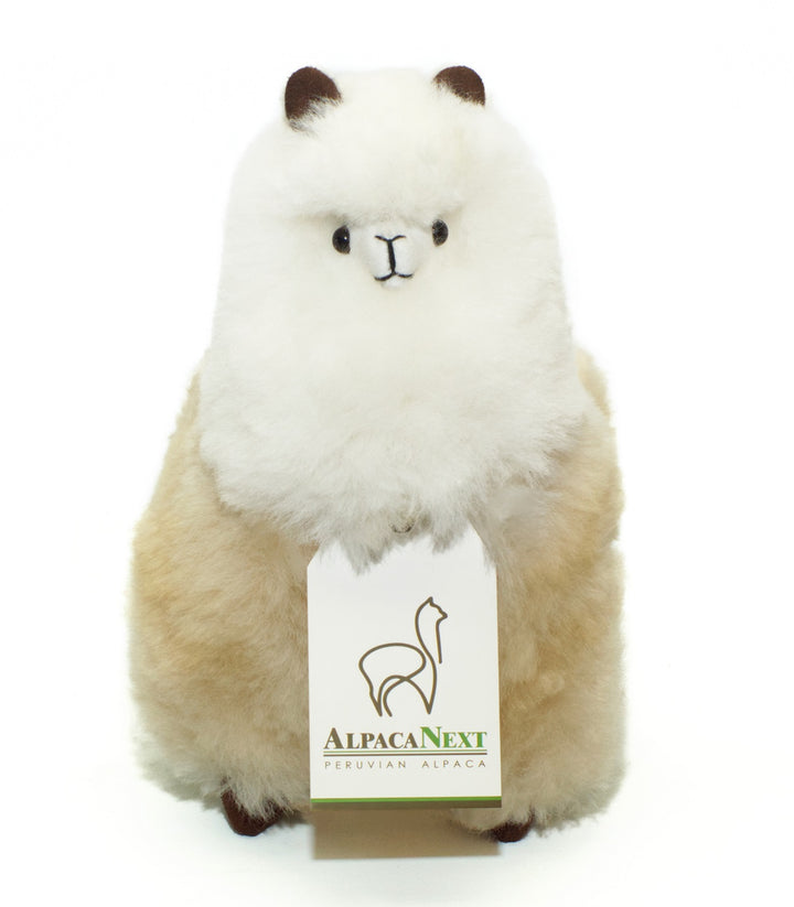 Alpaca Fur Toy. Soft Alpaca Plush. Fluffy and Cuddly. (9 inches, Beige and White)