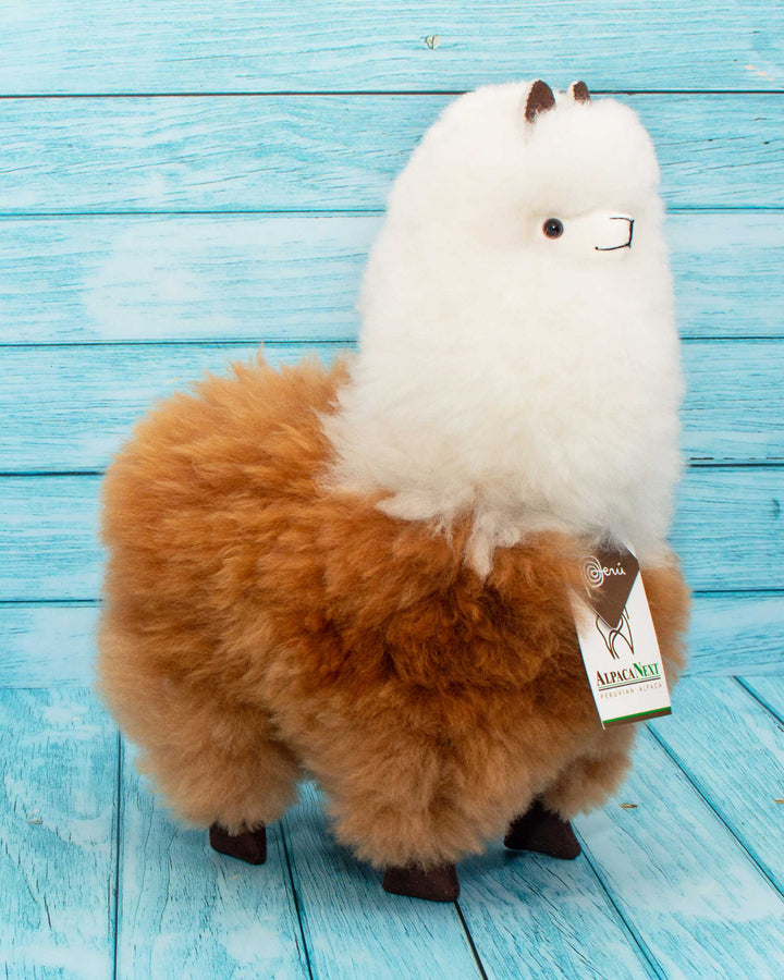 Soft alpaca fur stuffed animal. Brown and White. 12 inches.