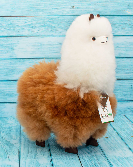 Soft alpaca fur stuffed animal. Brown and White. 12 inches. 