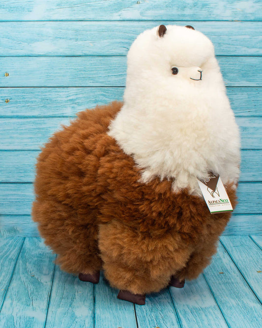 Soft alpaca fur stuffed animal. Brown and white, 18 inches. 