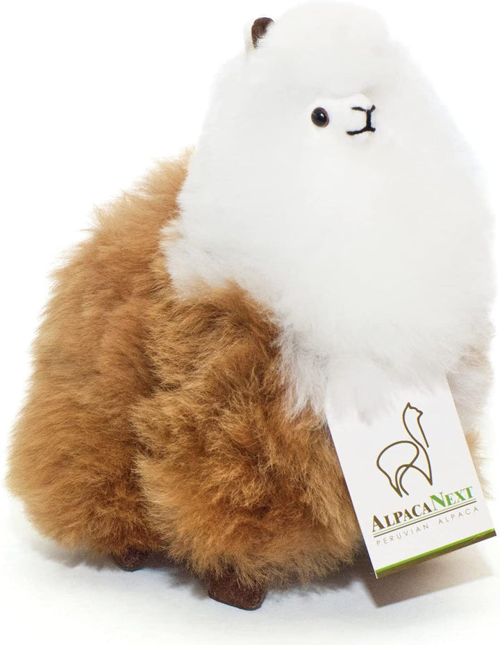 Alpaca Fur Toy. Soft Alpaca Plush. Fluffy and Cuddly. (9 inches, Brown and White)