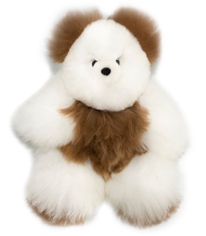 Teddy Bear Handmade on Baby Alpaca Fur. Soft Alpaca Plush. Fluffy and Cuddly. (12 inches, White and Brown)