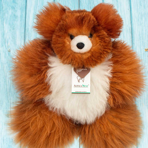 Teddy Bear Handmade on Baby Alpaca Fur. Soft Alpaca Plush. Fluffy and Cuddly. (12 inches, Brown and White)