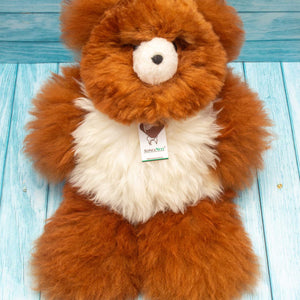 Teddy Bear Handmade on Baby Alpaca Fur. Soft Alpaca Plush. Fluffy and Cuddly. (18 inches, Brown and White)