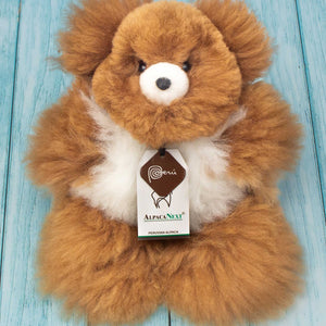 Teddy Bear Handmade on Baby Alpaca Fur. Soft Alpaca Plush. Fluffy and Cuddly. (9 inches, Brown and White)