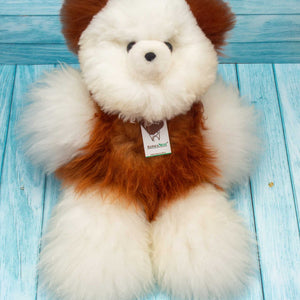 Teddy Bear Handmade on Baby Alpaca Fur. Soft Alpaca Plush. Fluffy and Cuddly. (18 inches, White and Brown)