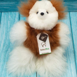 Teddy Bear Handmade on Baby Alpaca Fur. Soft Alpaca Plush. Fluffy and Cuddly. (9 inches, White and Brown)