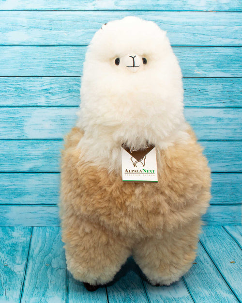 Soft alpaca fur stuffed animal. Beige and hite, 18 inches. Front view