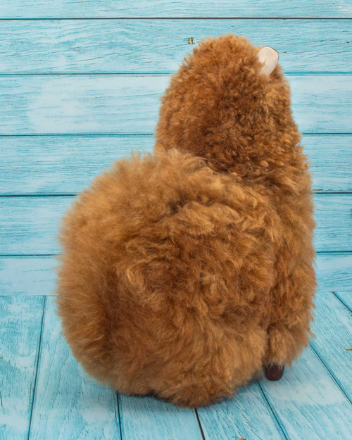 Soft alpaca fur stuffed animal. Brown. 12 inches. Back view. Handmade