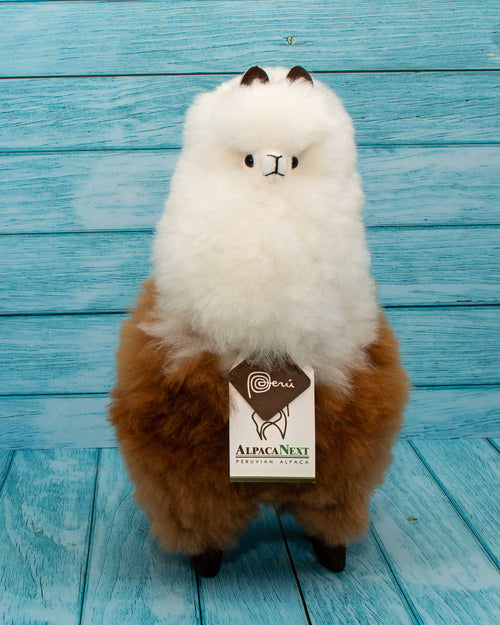 Soft alpaca fur stuffed animal. Brown and White. 12 inches. Front view