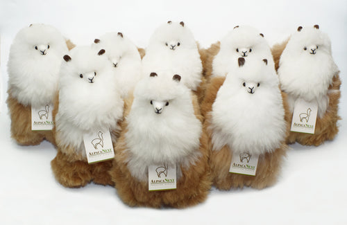 Soft alpaca fur stuffed animal. Brown and White. 12 inches. Alpacas united  wil never be defeated