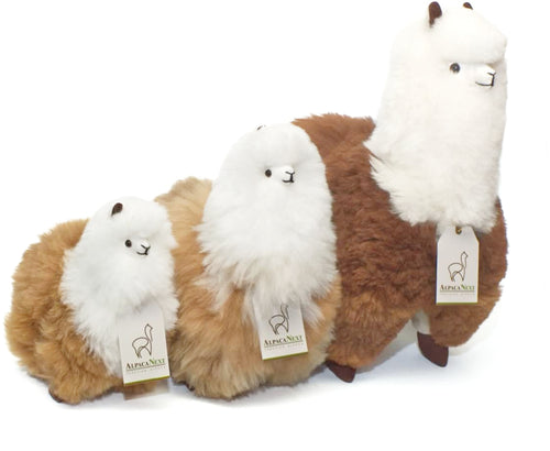 Soft alpaca fur stuffed animal. Brown and white, 18 inches. ALpaca family