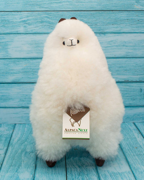 Soft alpaca fur stuffed animal. White, 12 inches. Front view. Handmade 