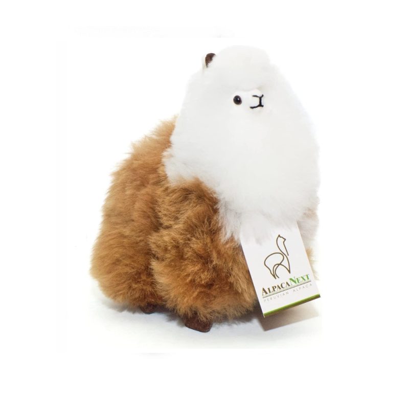 Alpaca Fur Toy. Soft Alpaca Plush. Fluffy and Cuddly. (9 inches, Brown and White)