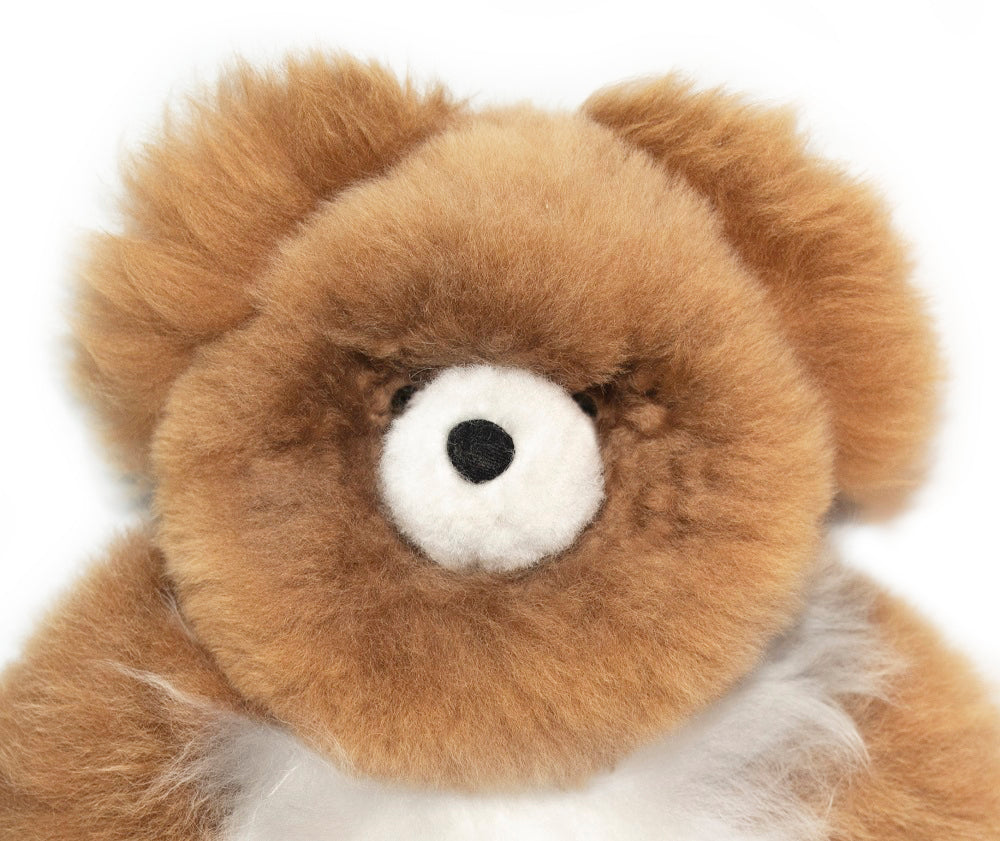 Face view view of the 18 inch AlpacaNext brown and white teddy bear designed as an elite luxury gift