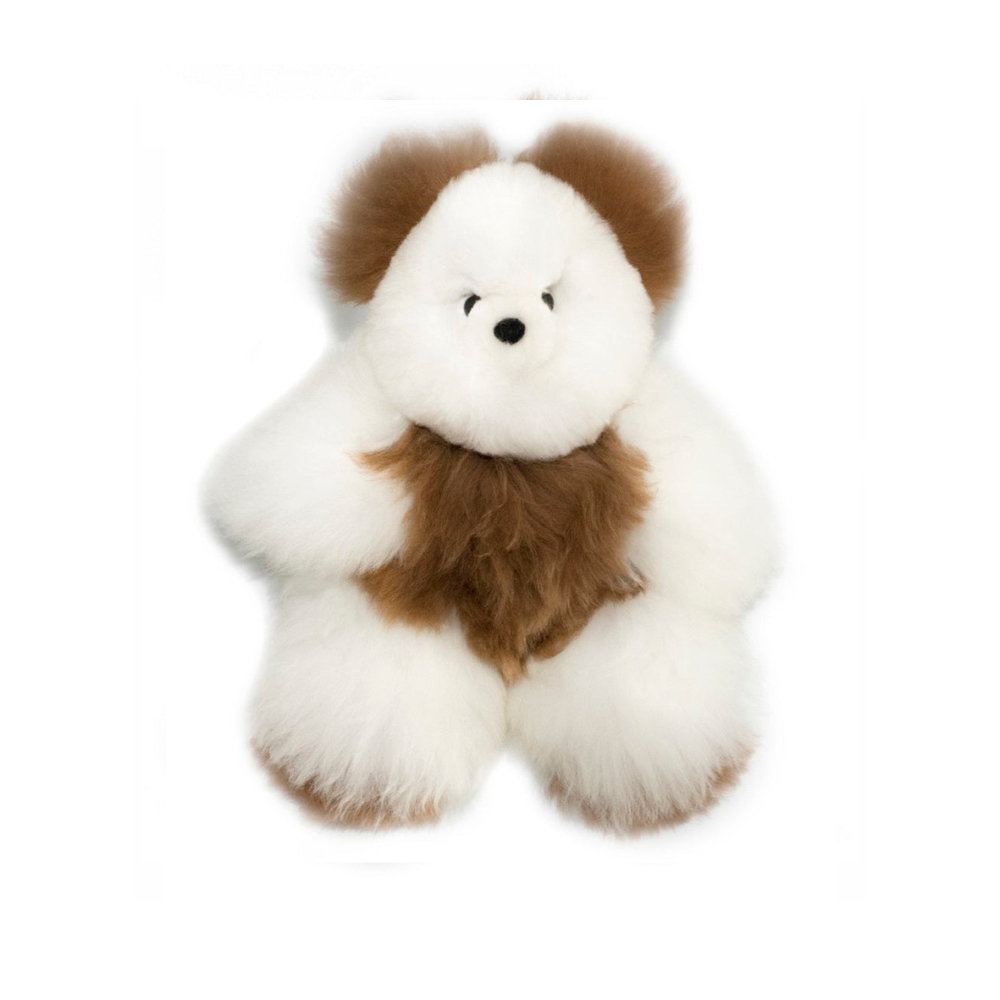 AlpacaNext. 12 inches plush toy resembling a bear, made from white and brown baby alpaca fur. Soft and cuddly